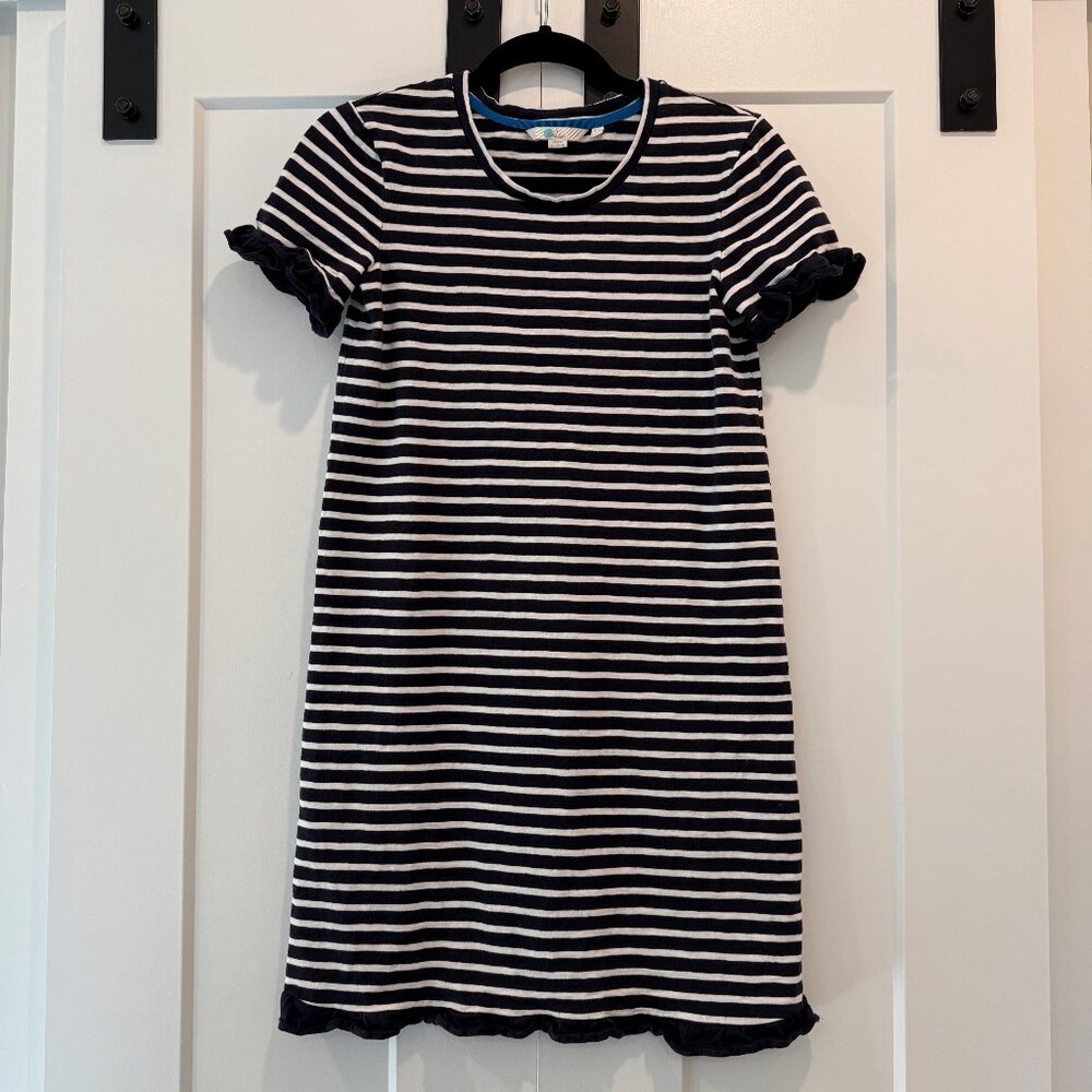 Boden Emily Jersey Ruffle Cotton Dress Women’s 4 Navy Blue White Stripe Casual